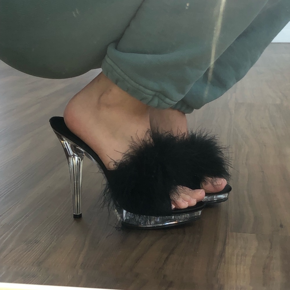 Fabulicious Black Fluffy Mule Stripper Heels